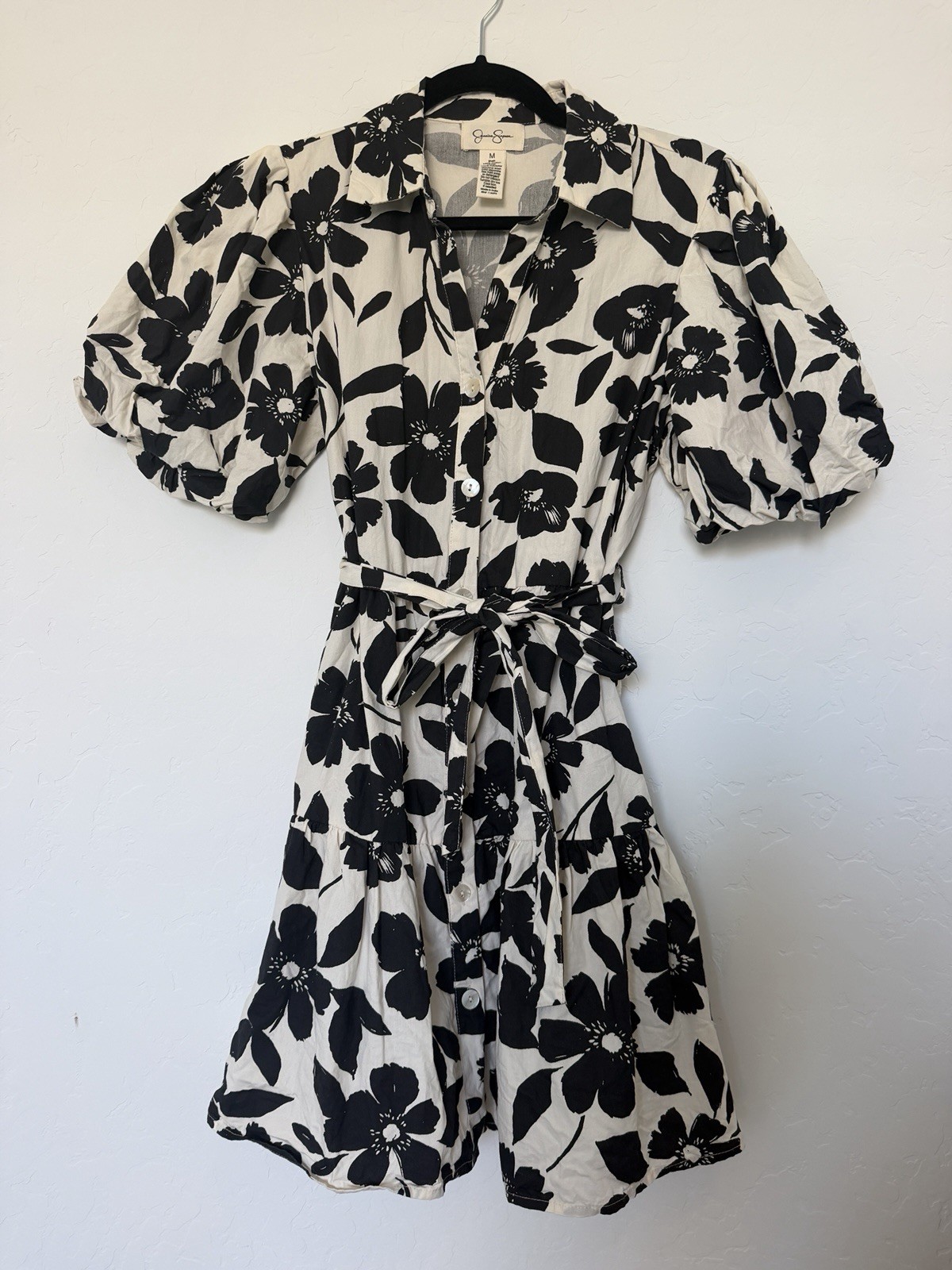 Jessica Simpson Cream & Black Floral Button Up Puff Sleeve Mini Dress Size Med