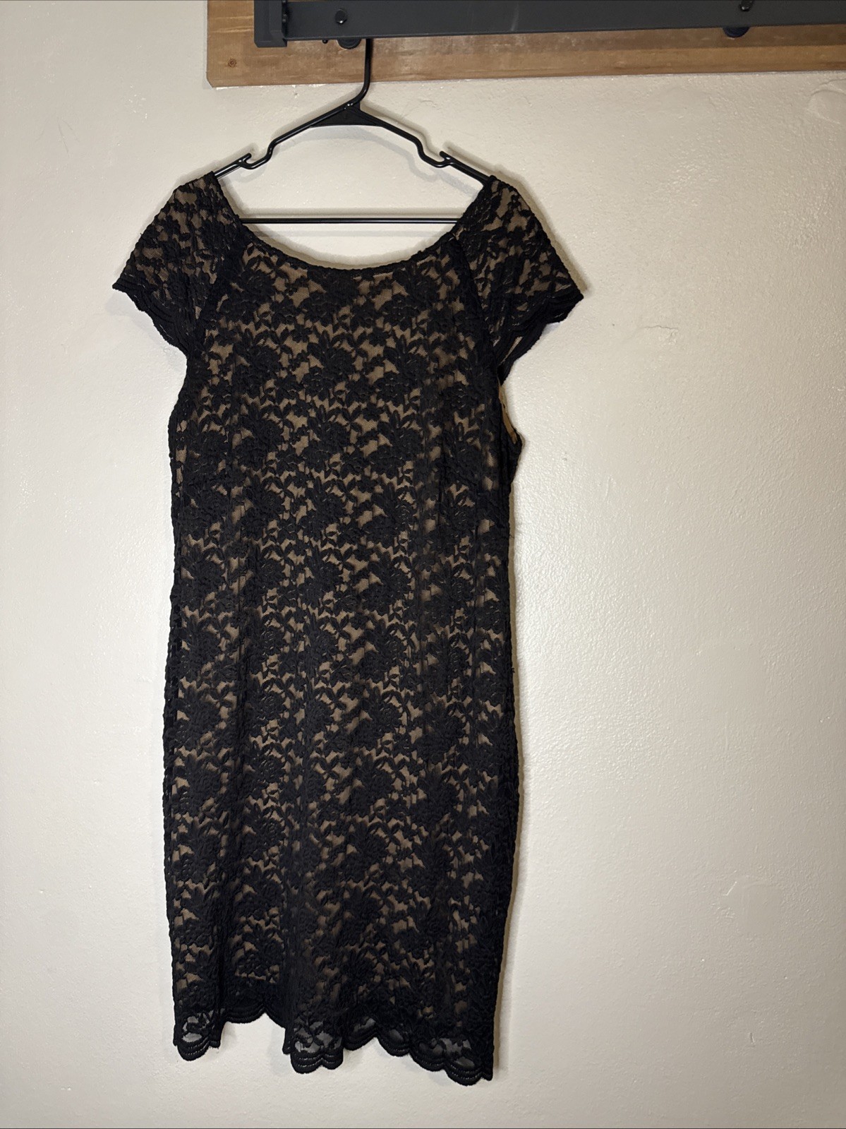 Dressbarn db Lace Sheath Dress Woman Size 20 Black Tan Excellent Cap Sleeve