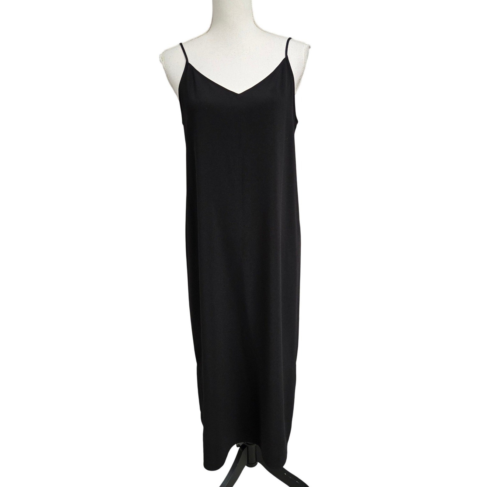 Uniqlo Camisole Midi Dress V-Neck Spaghetti Strap Side Slit Black Women’s Size L