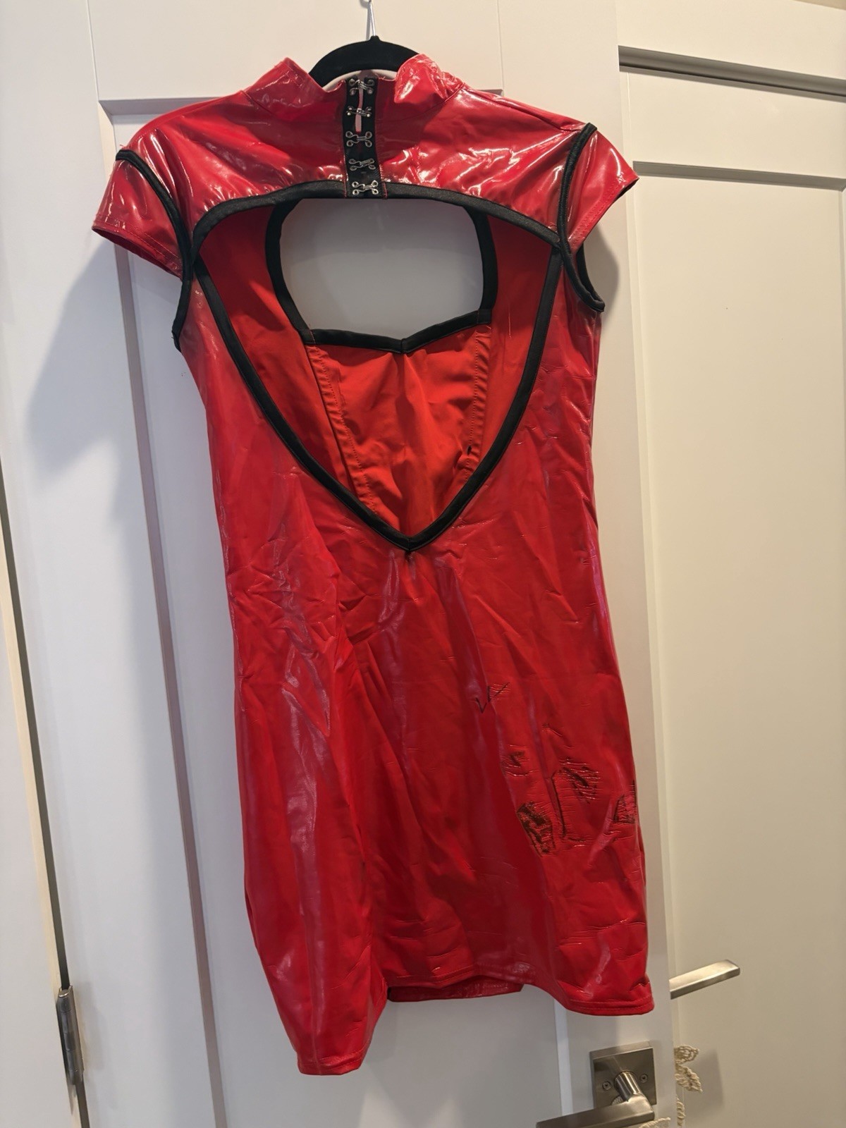 Coquette Red Latex Cut Out Lace Up Mini Bodycon Dress Short Sleeve High Neck