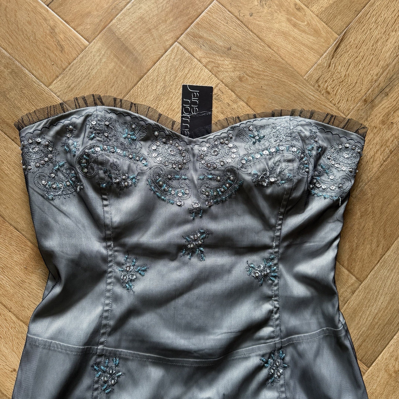 Jane Norman Y2K Strapless Corset Midi Dress Grey Embellished Lace Up Back