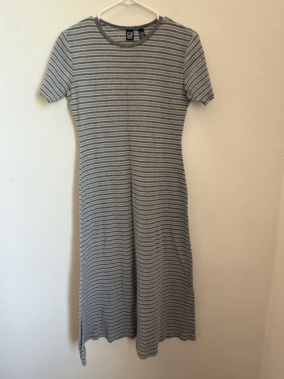Vintage 90’s Gap Long Ribbed Striped Grays/white Short Sleeve Dress Womens Large