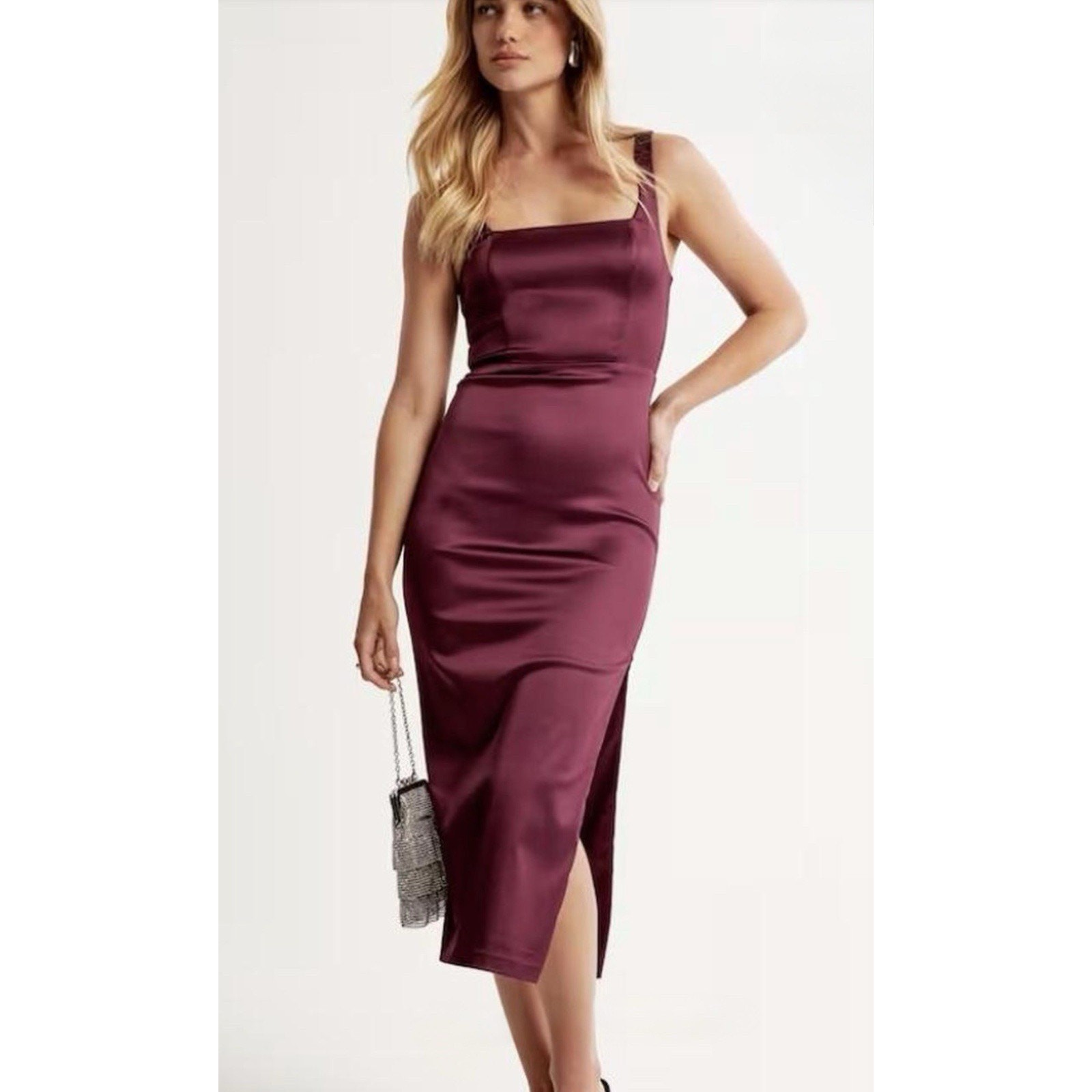 NWT Abercrombie & Fitch Sculpting Stretch Satin Midi Dress XLT Burgundy Wedding