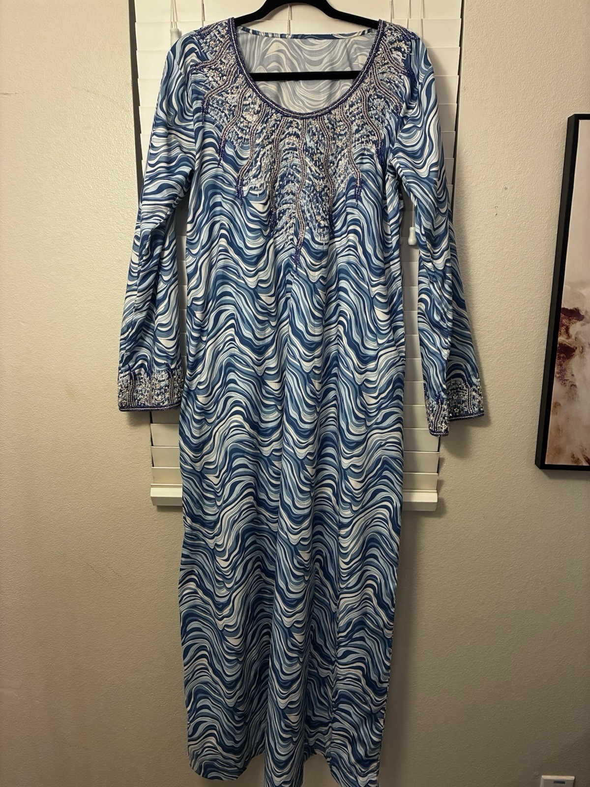 ￼ Emirates Dubai Jalabiya Dress Blue Wave Beaded Kaftan Abaya Fits S M Read Term