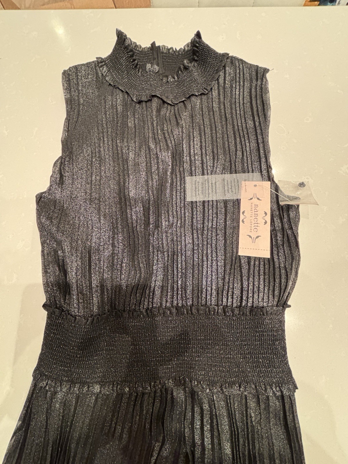 Nanette Lepore Black Silver Pleated Ruffle A-Line Sleeveless Midi Dress Size 10