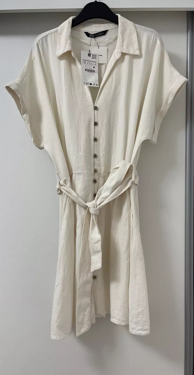 ZARA ECRU JOHNNY COLLAR LINEN BLEND MINI BELTED SHIRT DRESS WITH POCKETS SIZE XL