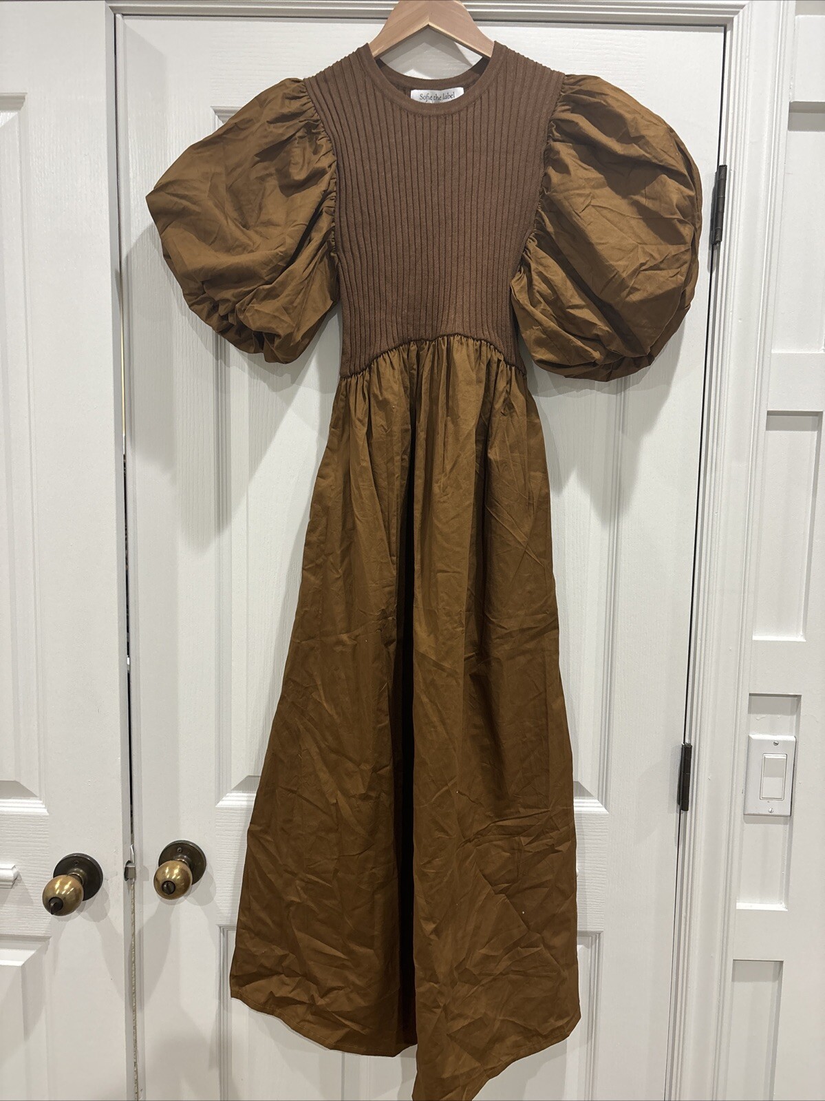 Sofie the Label Tori Puff Sleeve Contrast Maxi Dress Rust Small MSRP $109 Women