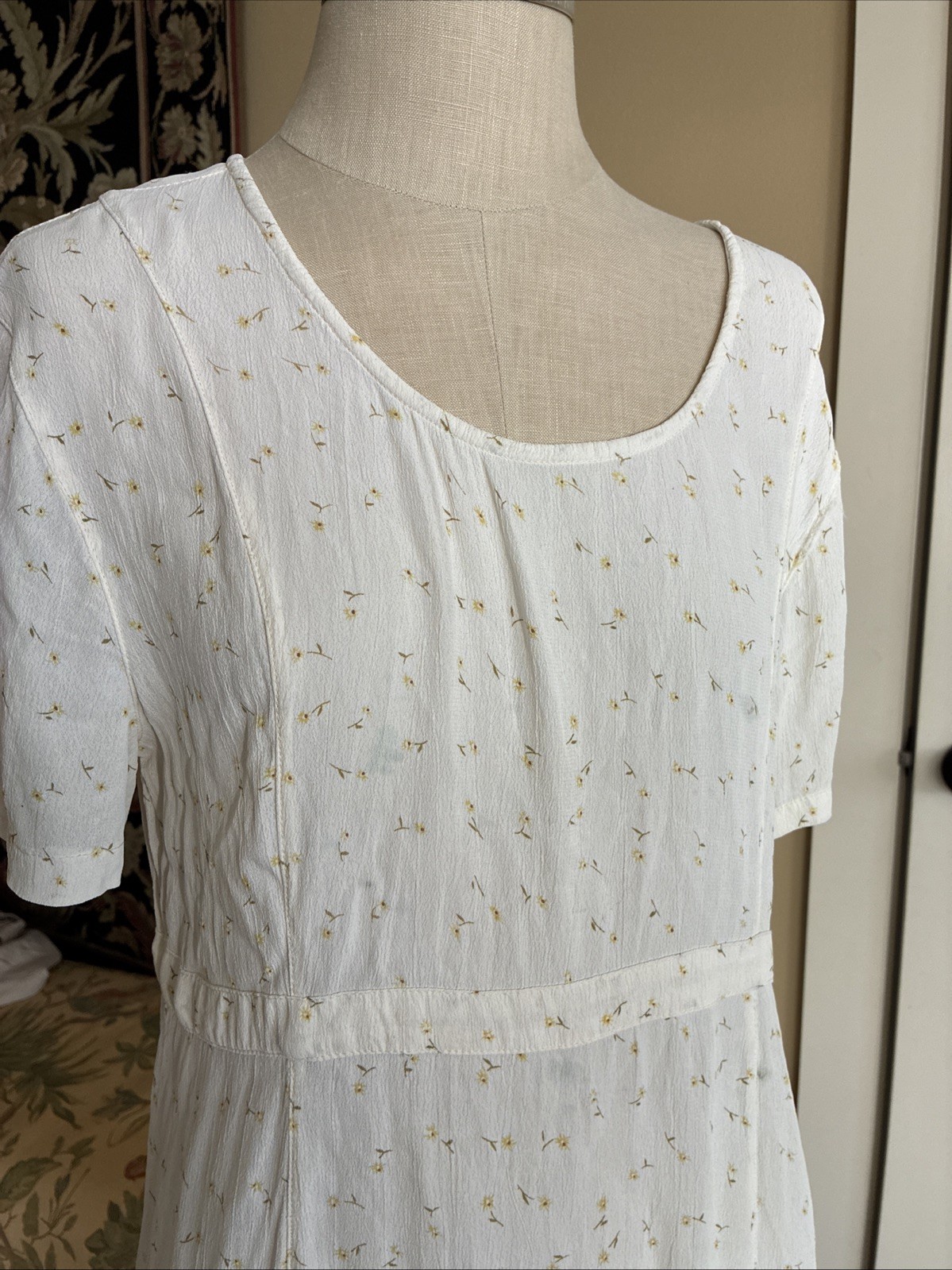 Sacred Threads Maxi Dress Boho Cottage 70s Hippie White Tiny Yellow Daisies