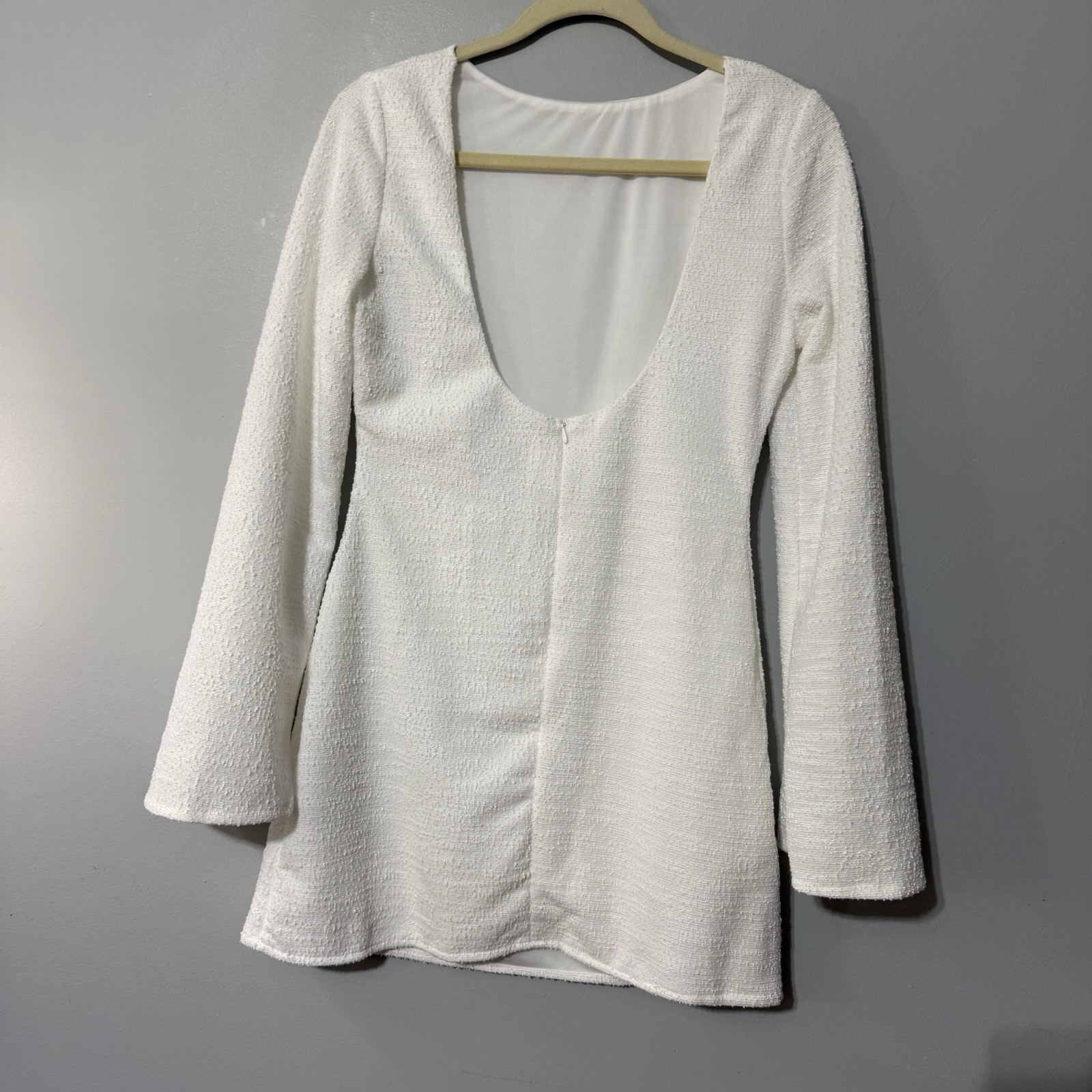 SHEIN White Textured Open Back Mini Dress Long Sleeve Faux Pocket Size M US 6