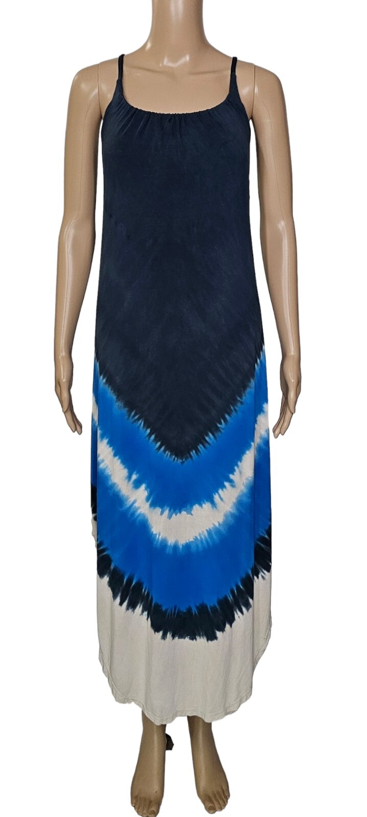GYPSY 05 Blue Multicolor Tie Dye Bamboo Lace Up Back High Low Hem Maxi Dress S