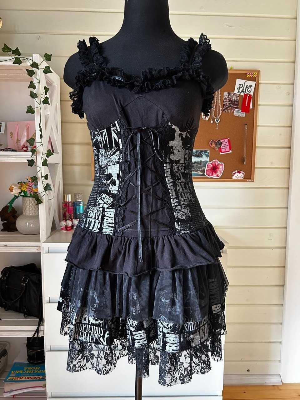 Sex Pot Revenge Black Dress Sz S Gothic Punk Grunge Ruffle Corset Skull Y2K