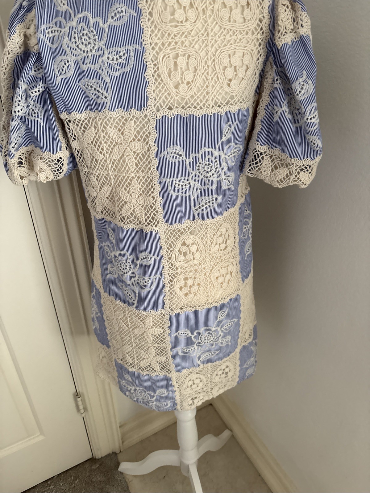 Sofie the label Blue Ivory Crochet Shirt Dress S Collared Puff Sleeve Button
