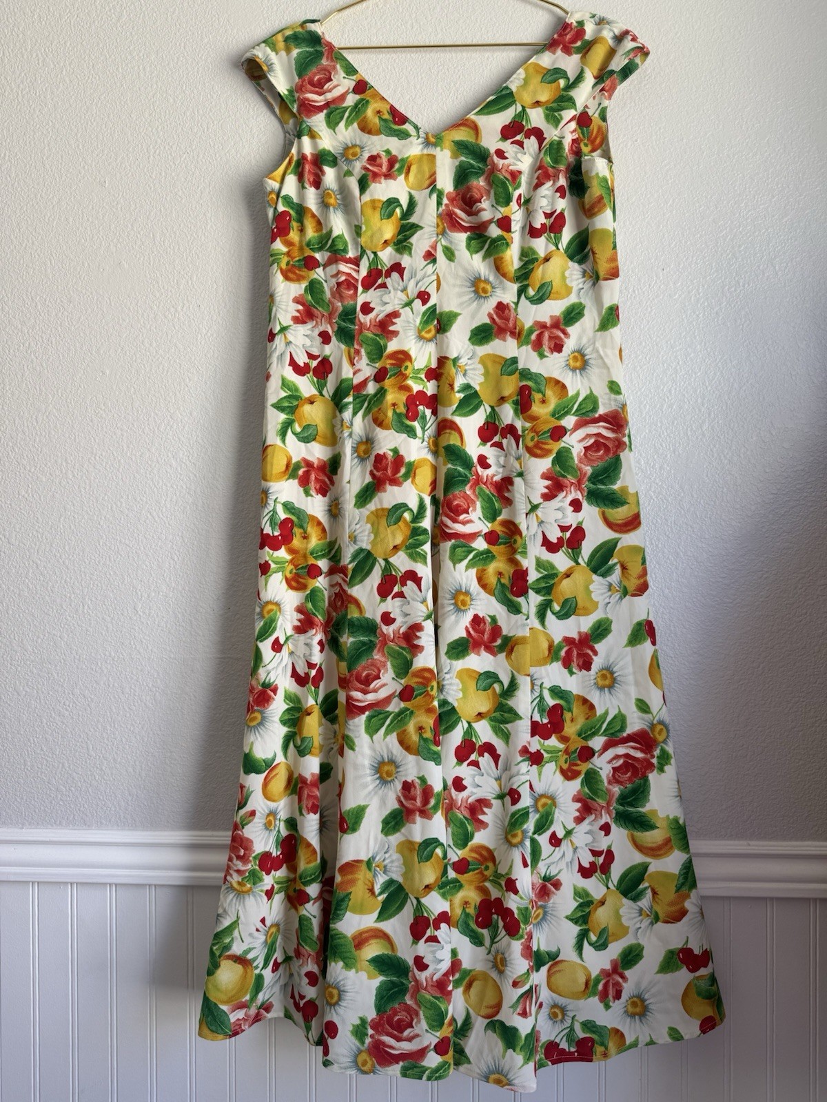 Floral Cherry Fruit Garden Fairy Coquette Midi Dress Zip Back Sleeveless Sz: L