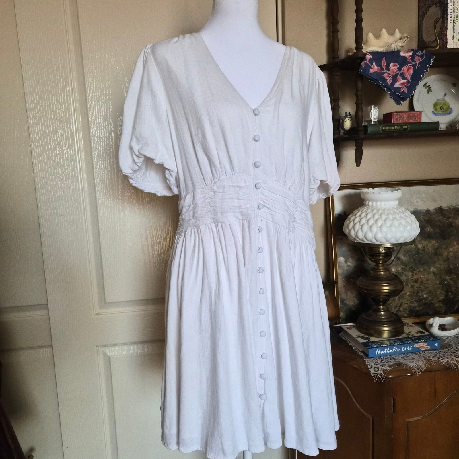 LOFT Ann Taylor White Cottagecore Linen Dress Size 12