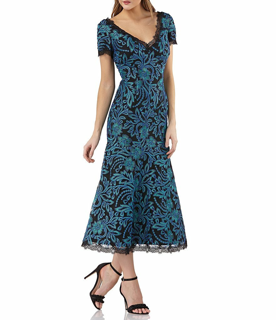 JS COLLECTIONS Seagreen Blue Black Embroidered Mesh Lace Fit Flare Dress 6 = S