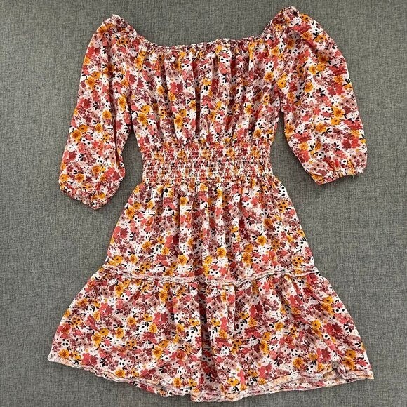 J For Justify Smocked Mini Dress Floral Small rayon Boho Off Shoulder Half Sleev