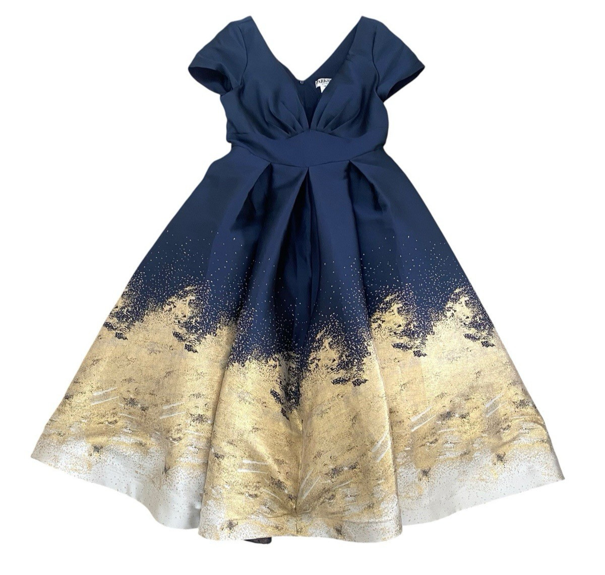 NWT Park 108 Womens Navy Blue Gold & White Pleated Deep V-Neck Elegant Gown – 14