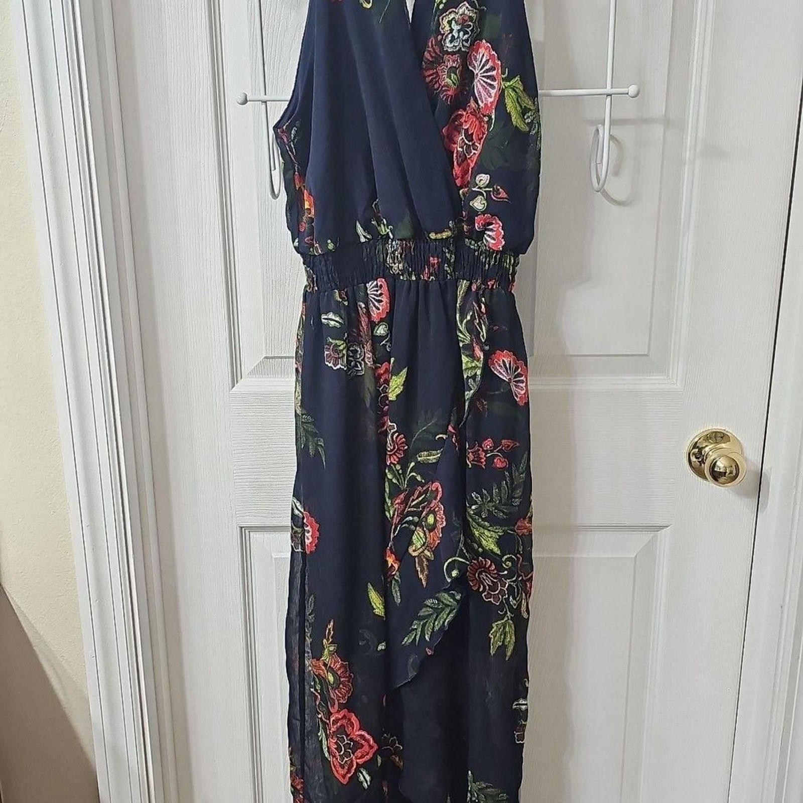 Sweet Storm Navy Blue Floral Halter High-Low Maxi Dress Large