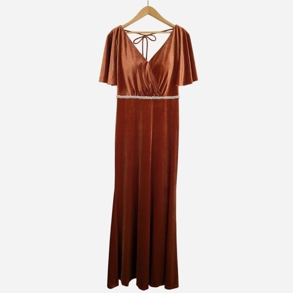 Sorella Vita Velvet Flutter Sleeve Beaded Waist Formal Maxi Gown