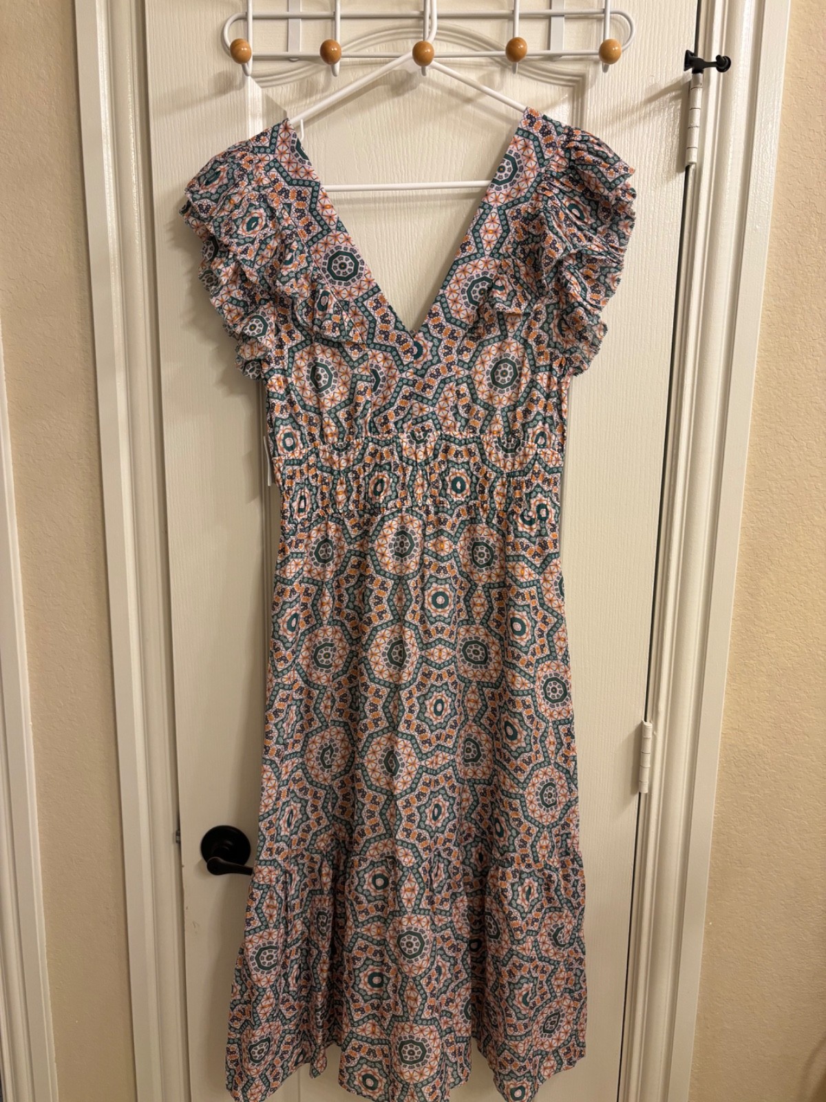 Caballero Tessa Garden Tile Pattern V Neck Ruffled Dress Size Small