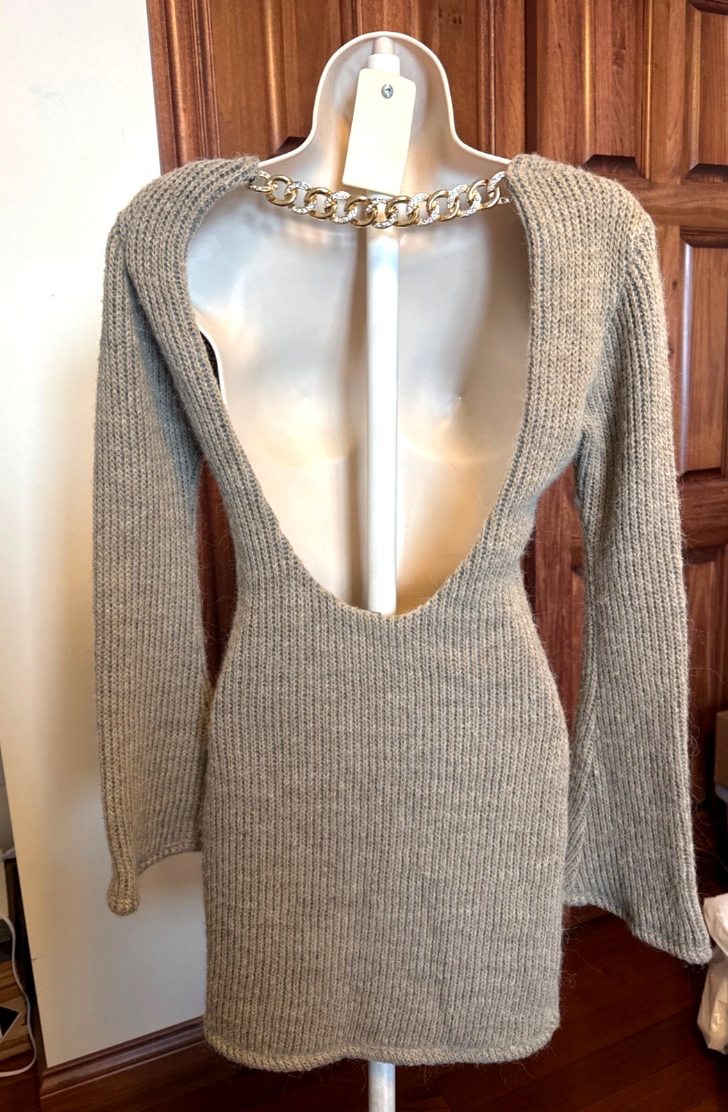Y2K Sky Open Back Sweater Dress M Chain Detail Alpaca Blend Ribbed Knit USA Made