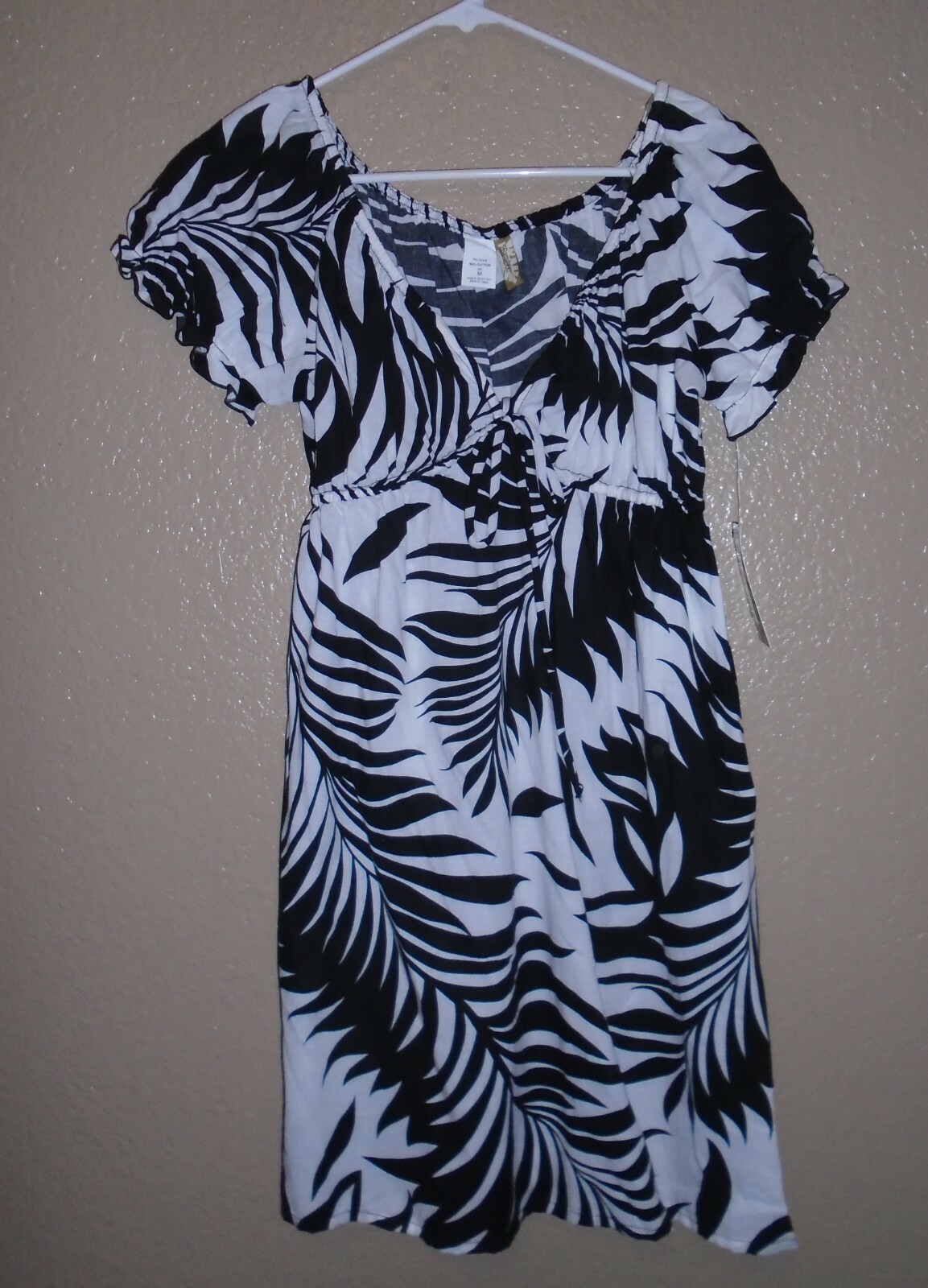 2Bamboo Black & White Print 100% Cotton Empire Waist Beach Dress Medium $79 NWT