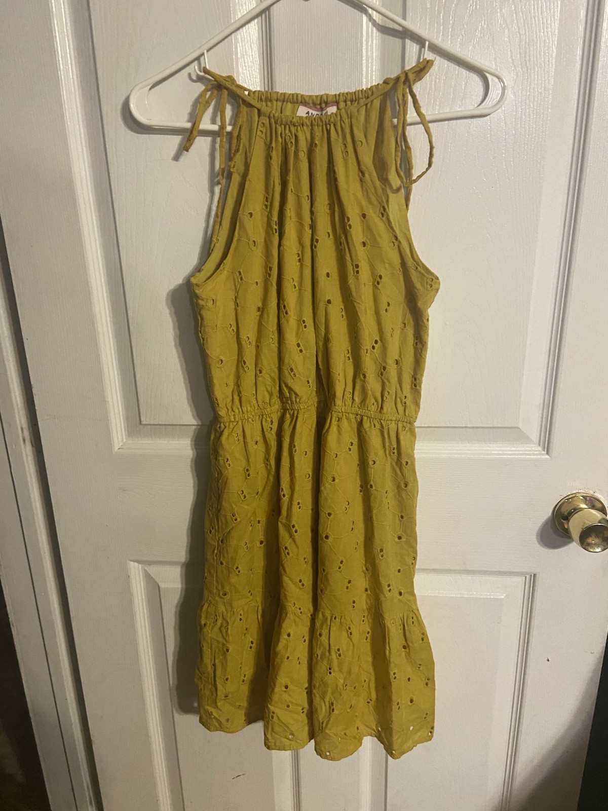 Andree By Unit Halter top Midi Dress Sz M. Mustard Yellow With Eyelet Design