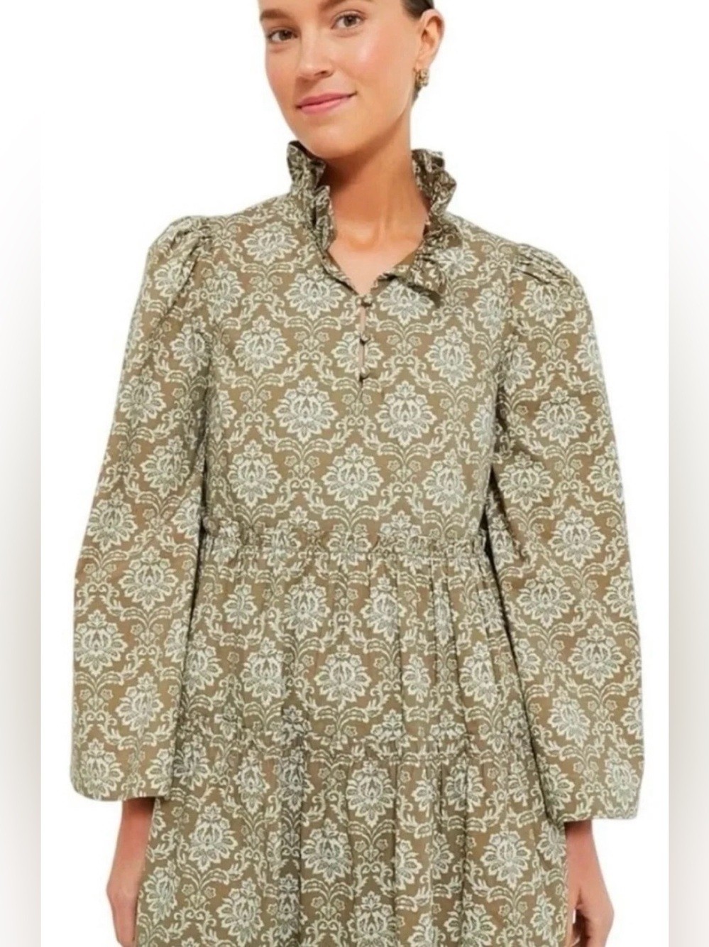 NWT Medium Tuckernuck Hyacinth House Bell Sleeve Tiered Mini Dress in Olive