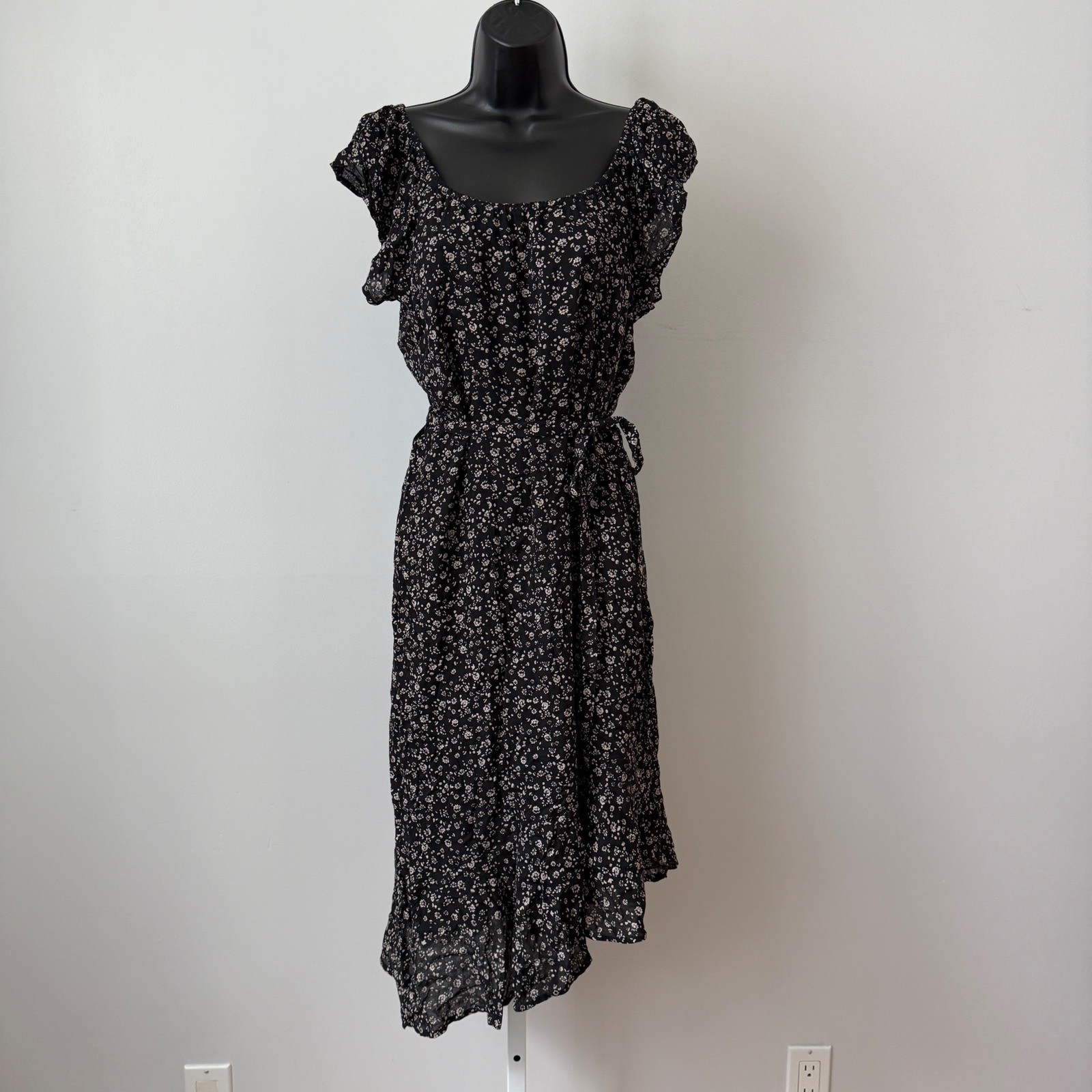 Lucky Brand S Black Floral Midi Dress Ruffle Asymmetrical Hem NWT Milkmaid