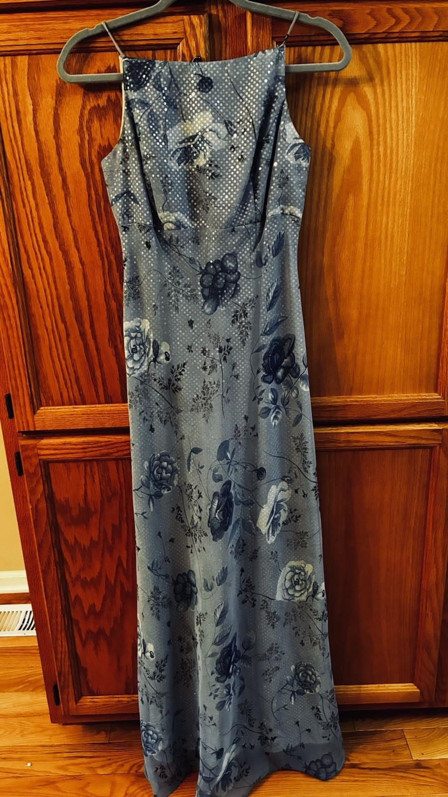 Vintage Betsy & Adam Blue Floral Sequin Mesh Square Neck Strappy Maxi Dress 6