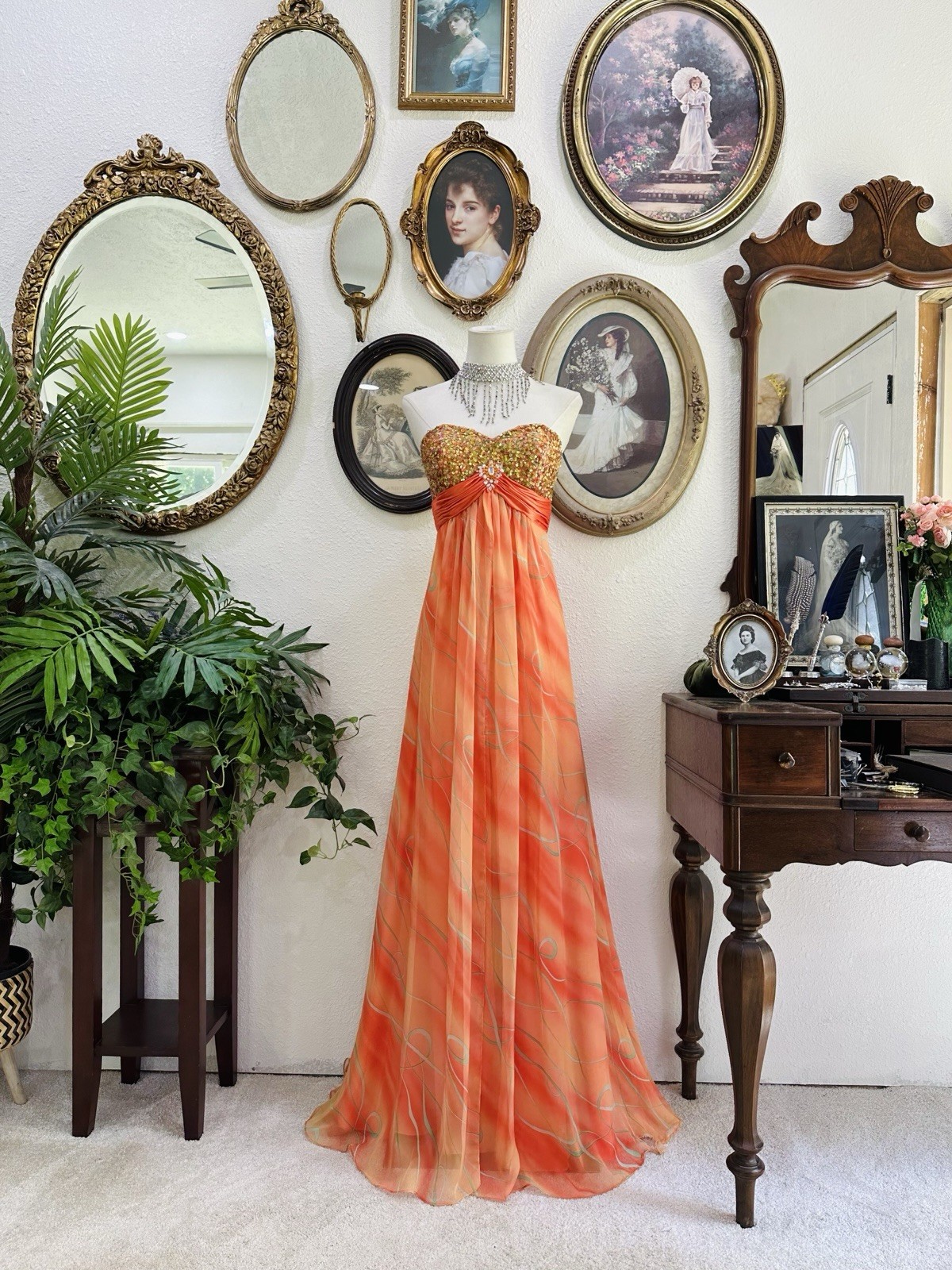 MY Fashion Vibrant Orange Strapless Chiffon Gown – Beaded Bodice Formal Dress
