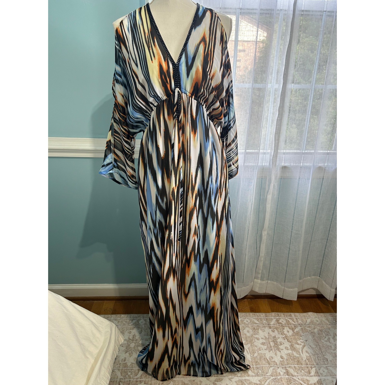 Allen B by Allen Schwartz Blue Orange Ikat Print Maxi Dress 12