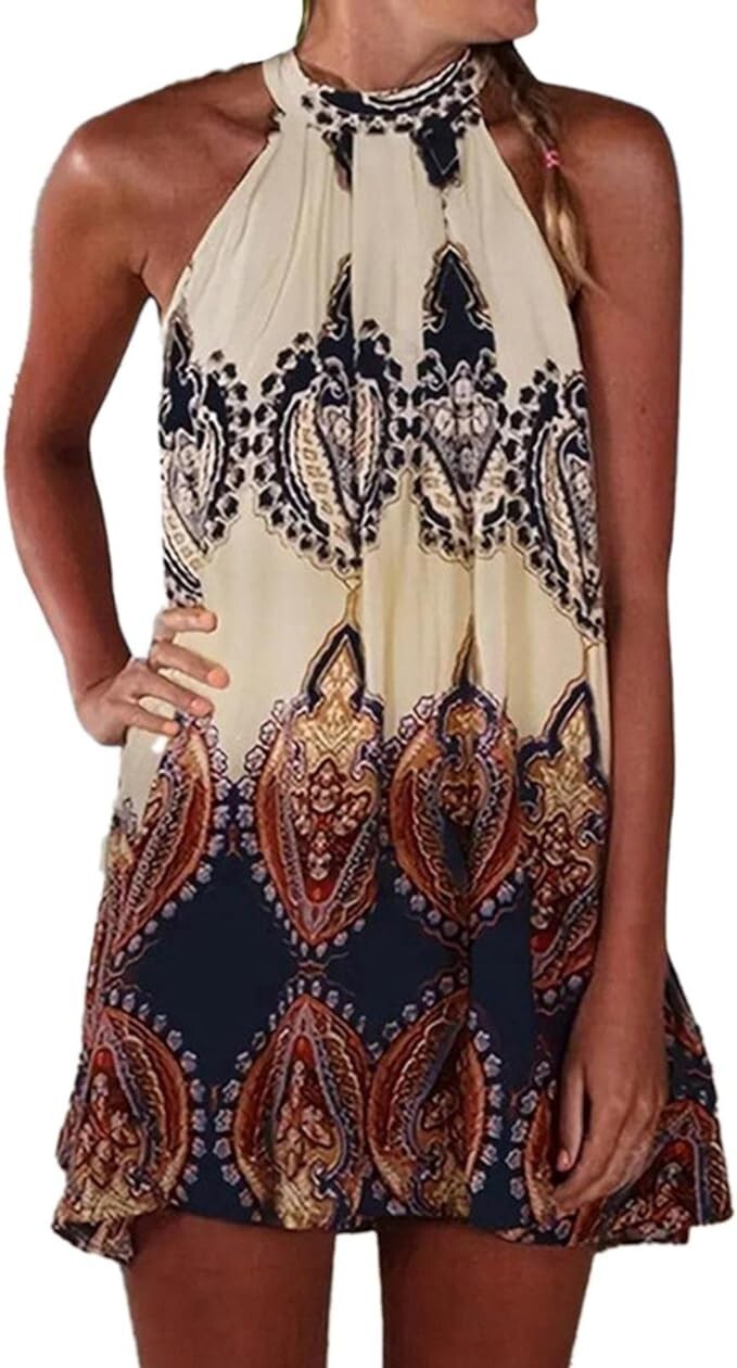 BlueTime Printed Temperament Sleeveless Hanging Neck Press Pleated Dress Beige S