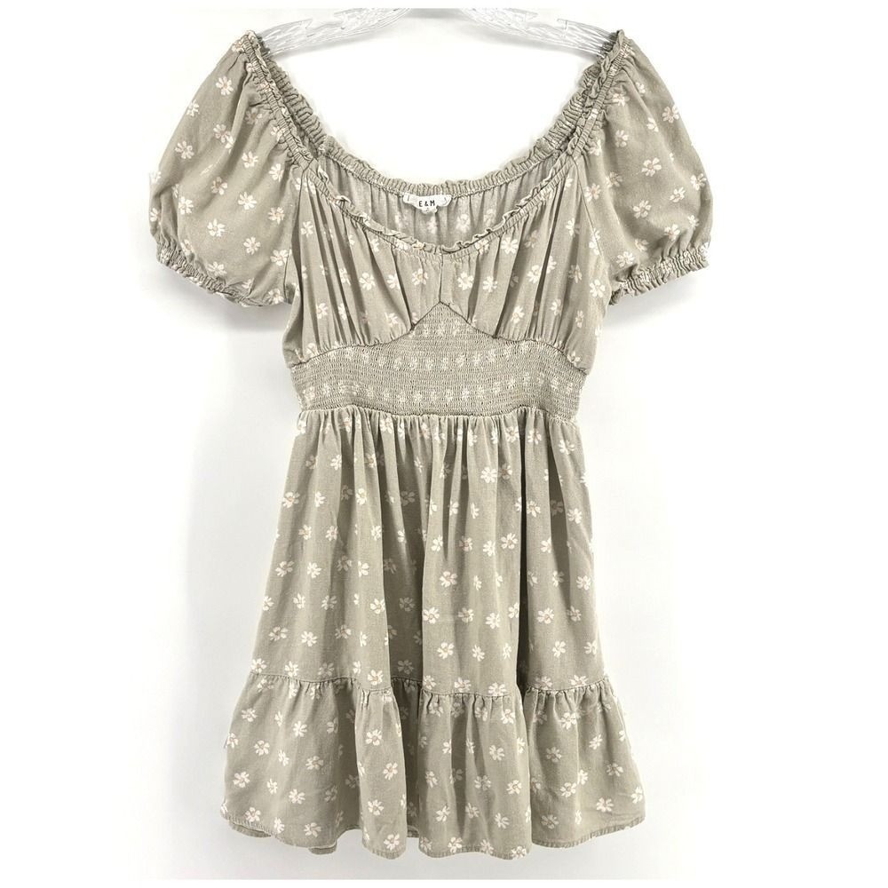 Babydoll Smocked Mini Dress Sz L Floral Puff Sleeve Cottagecore Milkmaid Prairie