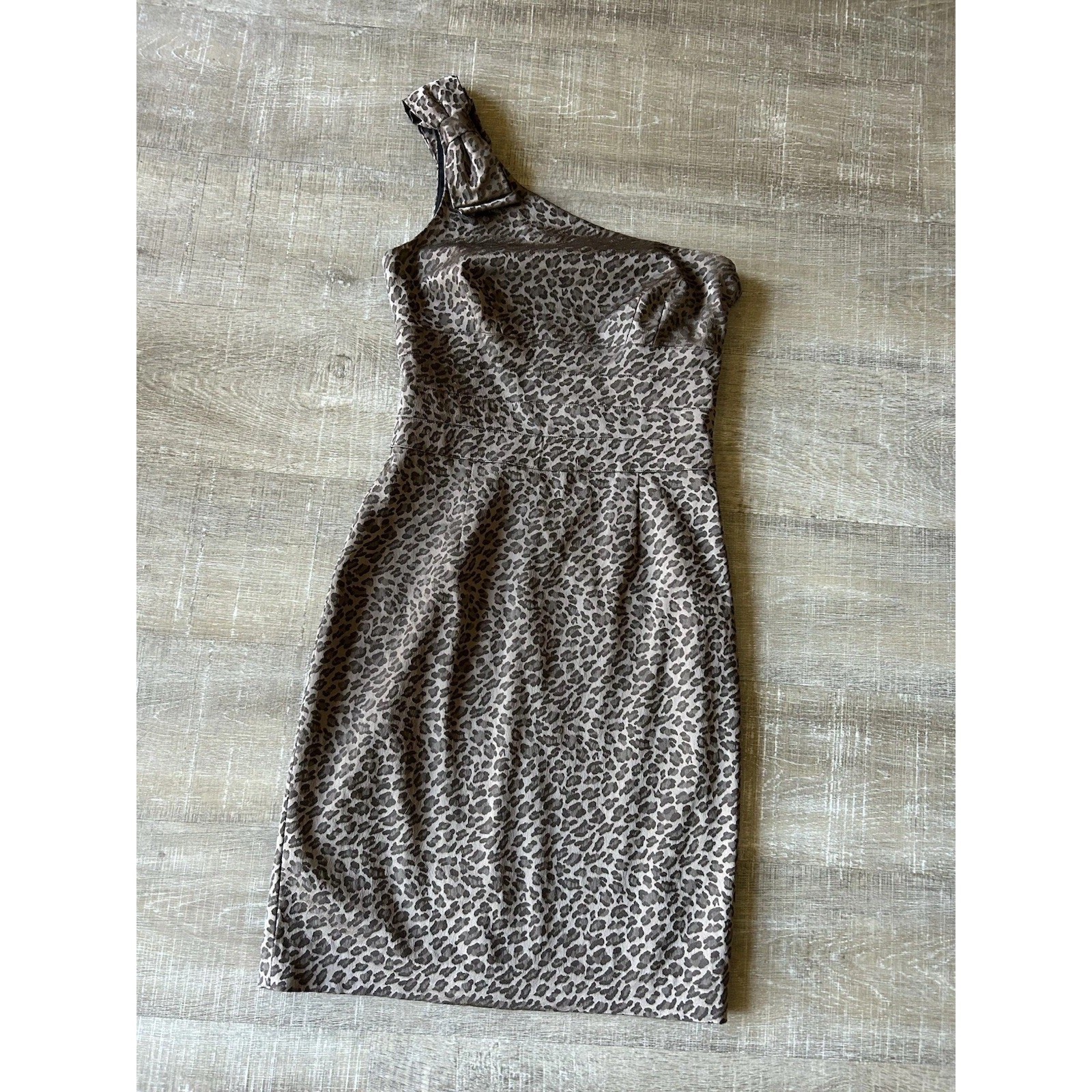 Kay Unger Leopard Print Sheath Dress Womens 6 One Shoulder Cocktail Evening