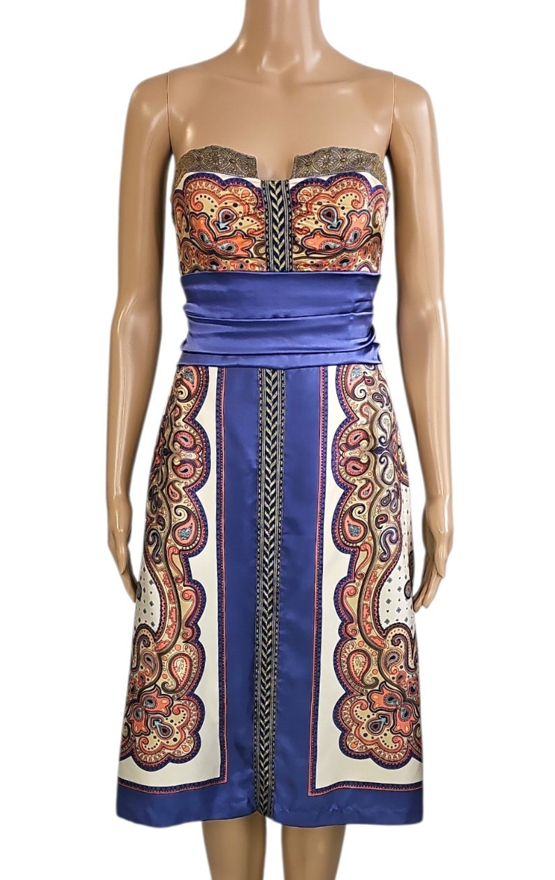 NICOLE MILLER COLLECTION Silk Multicolor Paisley Strapless A Line Dress 10