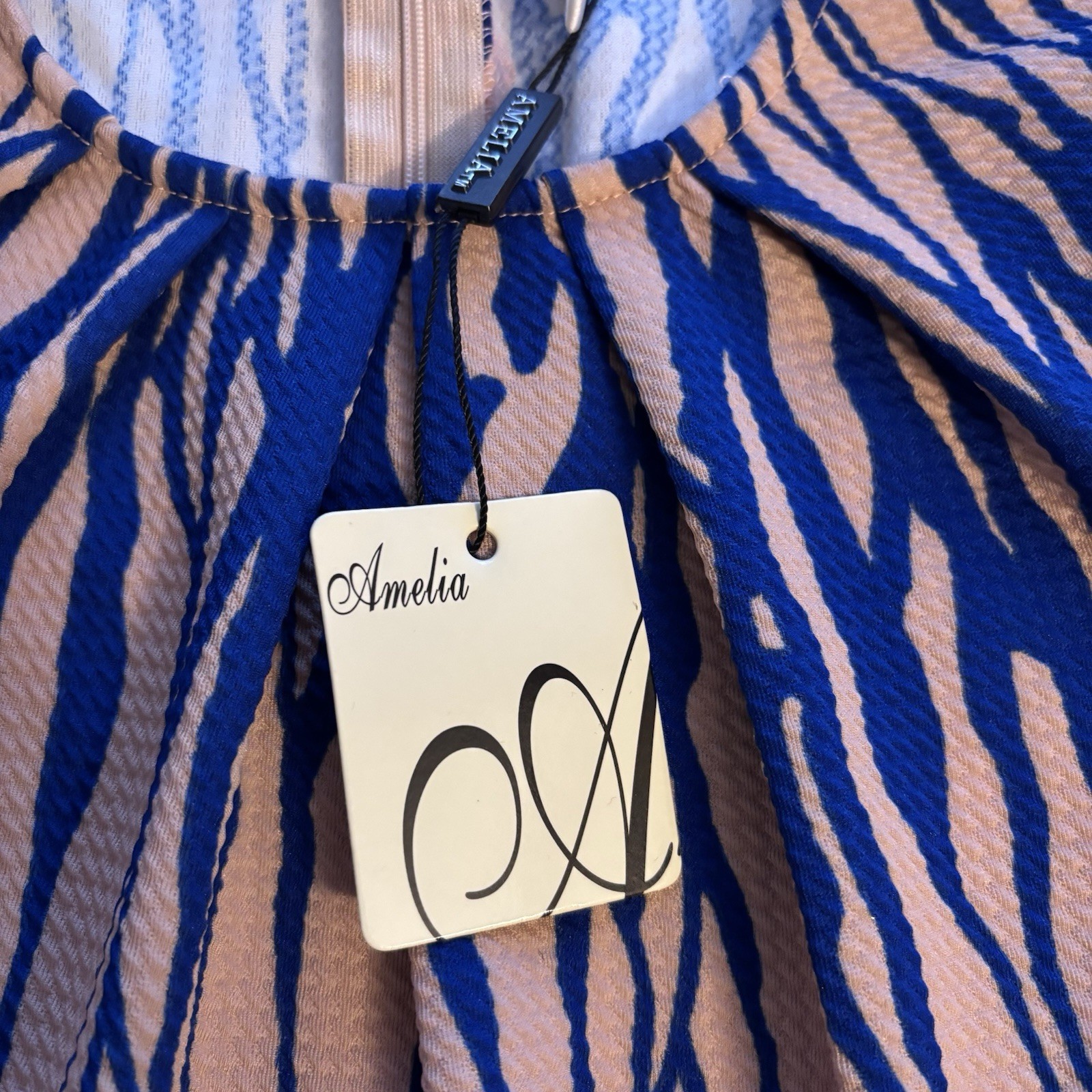 Amelia Women’s Dress Multi Color Pattern Toasted Almond Blue Size Small NEW