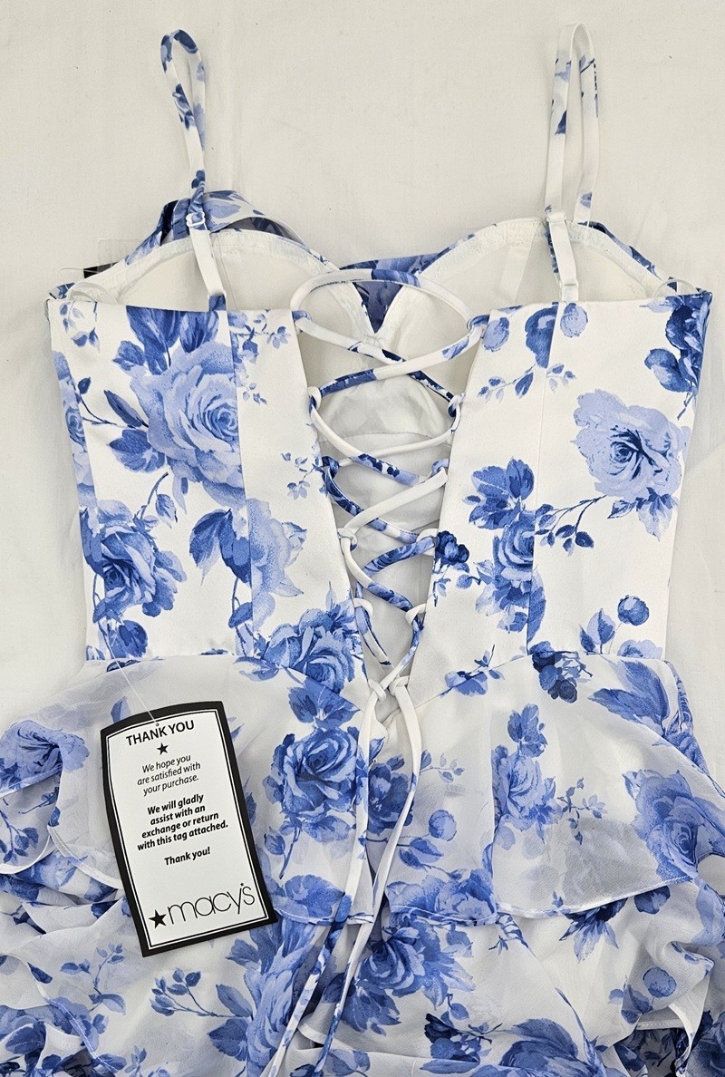 Blondie Nites Juniors’ Printed Corset Tiered Ruffle Gown Dress Size 11 Blue