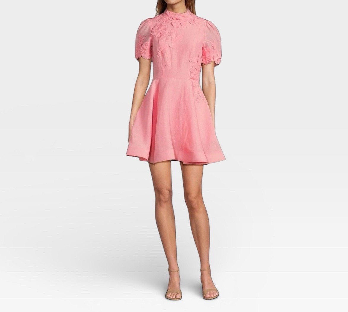 Antonio Melani Sz 2 Iris Linen Floral Appliqué Mockneck Short Sleeve Dress Pink