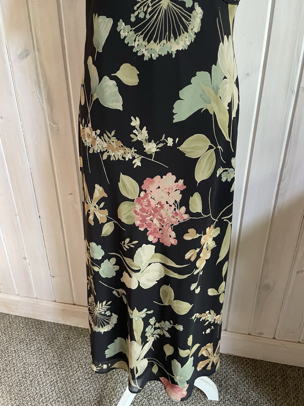 Y2K David Warren Women Maxi Chiffon Dress 10P Black Floral Ruffled Neckline