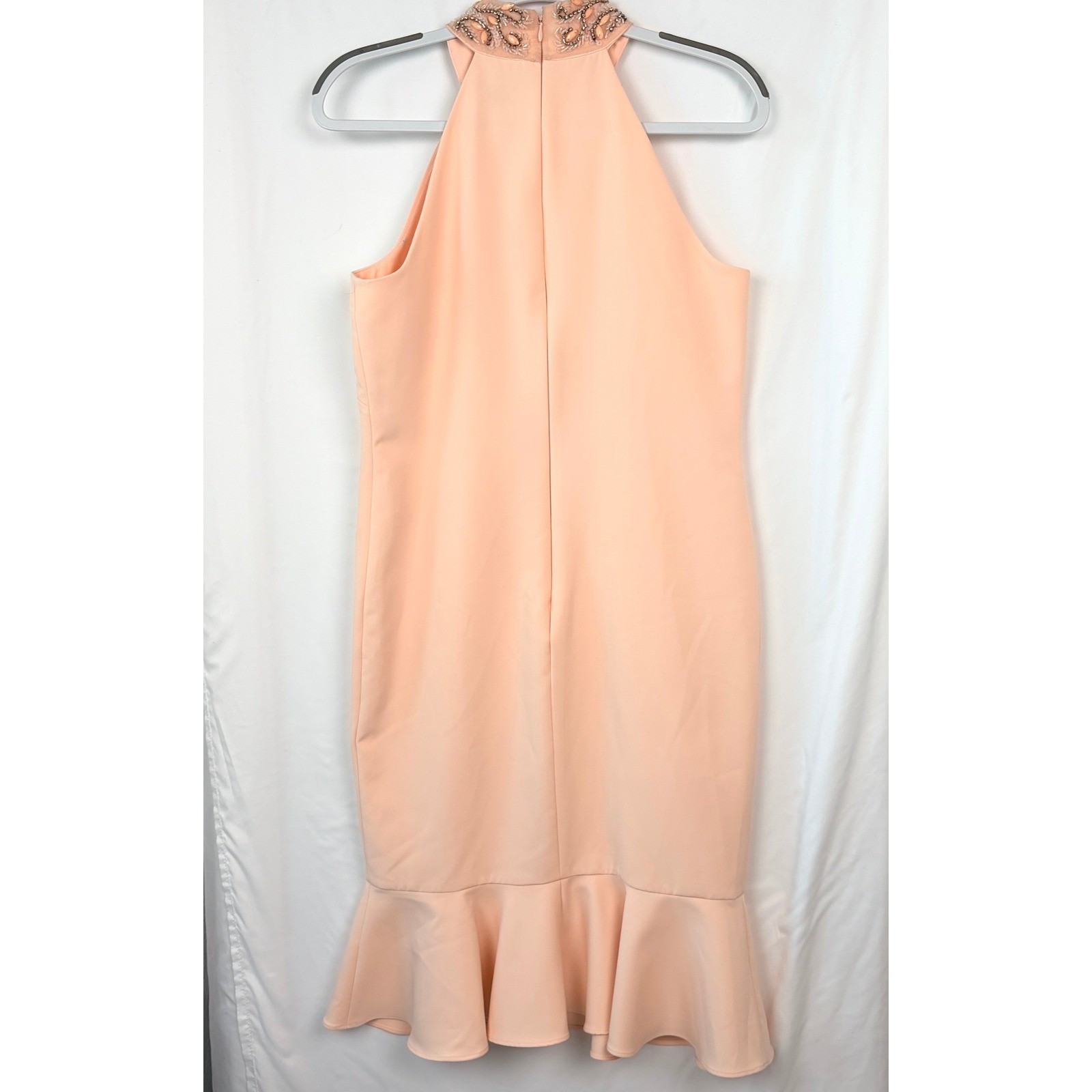 Peach Beaded Halter Ruffle Mermaid Hem Cocktail Dress Women Size M