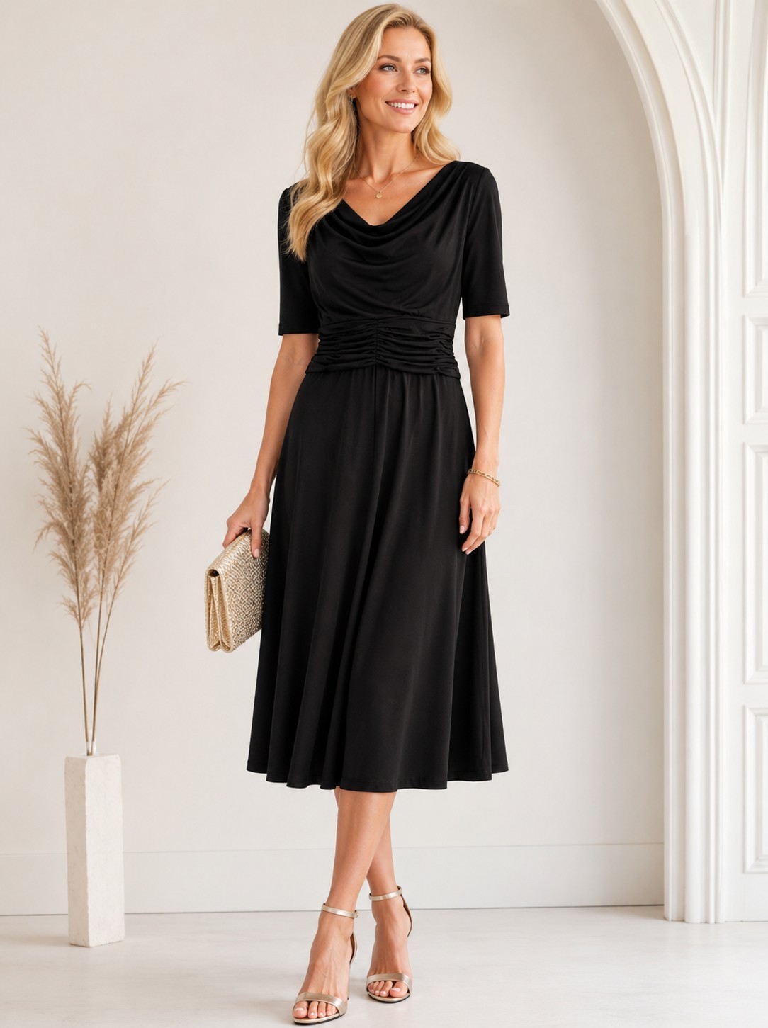 Laura Jeffries Black Drape Neck Dress Size 10 Ruched Waist Short Sleeve
