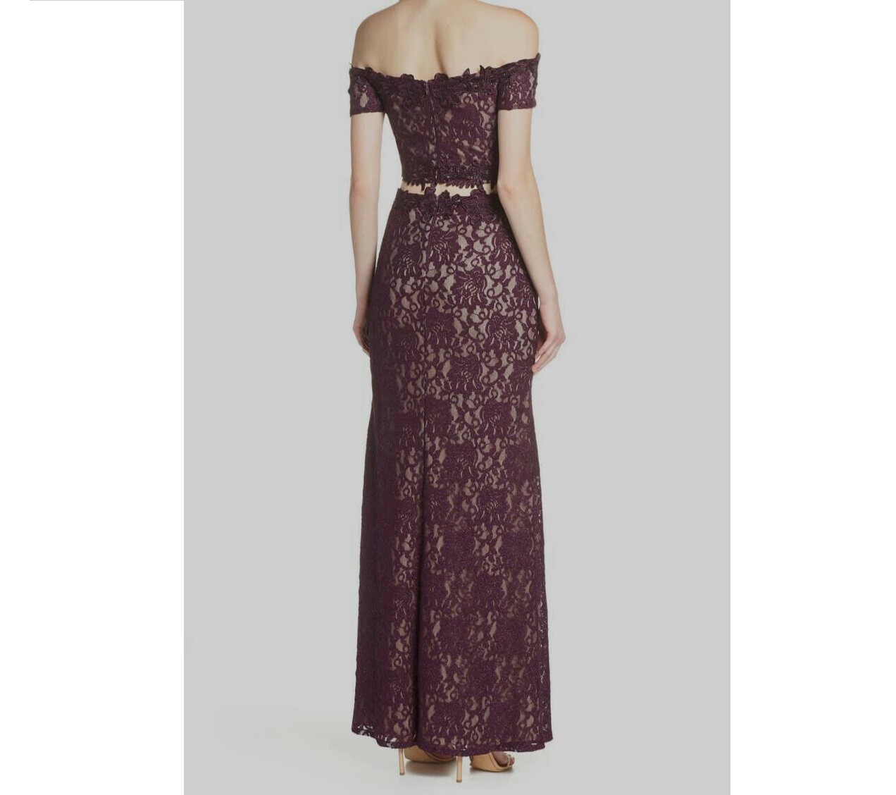Sequin Hearts Junior Womens 9 Eggplant Off The Shoulder 2 PC Lace Gown NWT