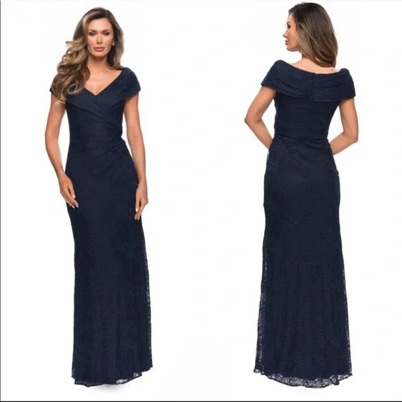 La Femme Navy Lace All Over Gown 27982 US 4 NWOT