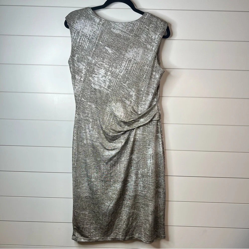 Scarlett Shimmery Silver Cinched Waist Drape Neck Fully Lined Dress. Size 12.