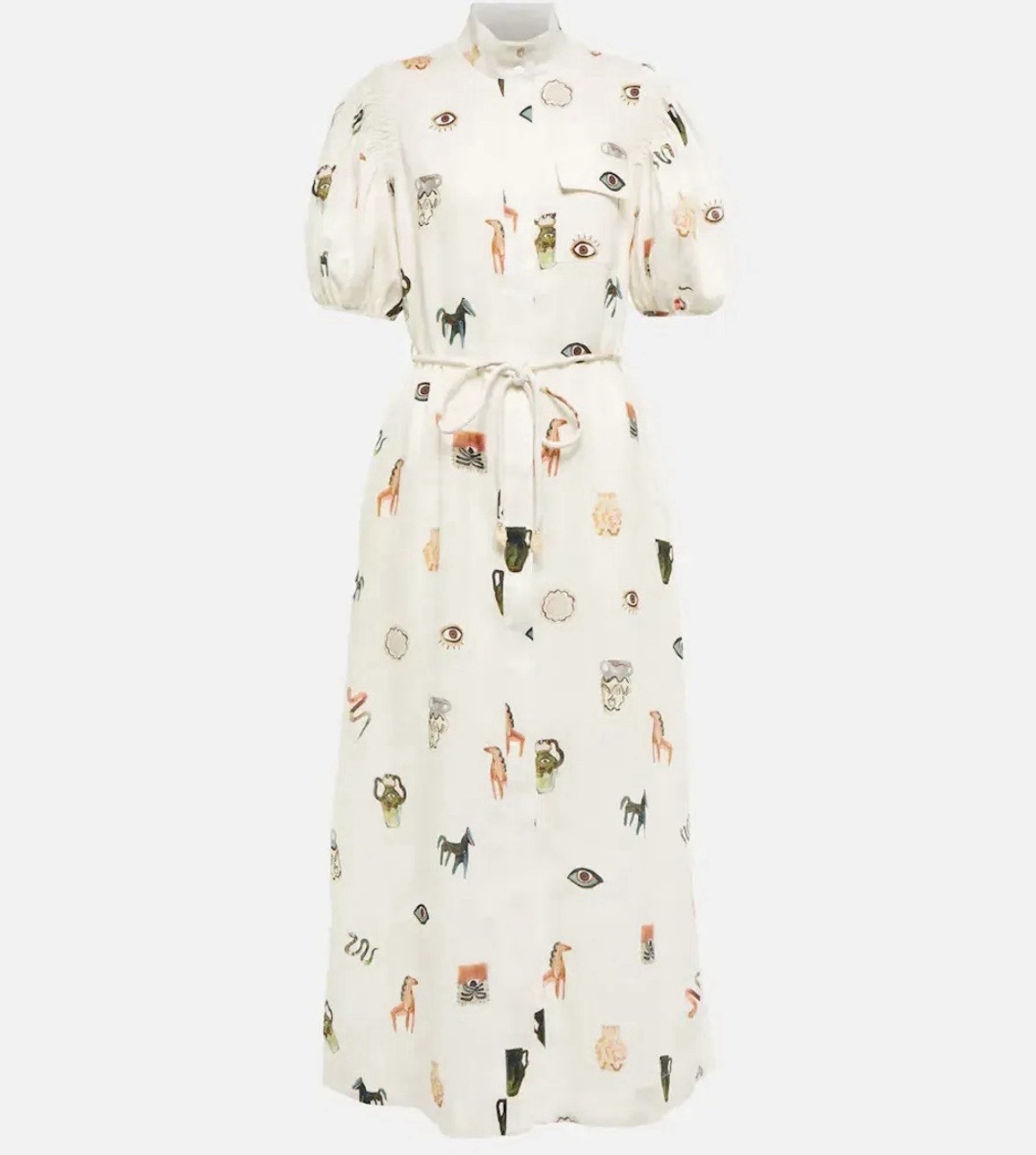 ALEMAIS Hera white/ivory Linen Shirt Dress Size 8, Midi, Puff Sleeve, Pockets