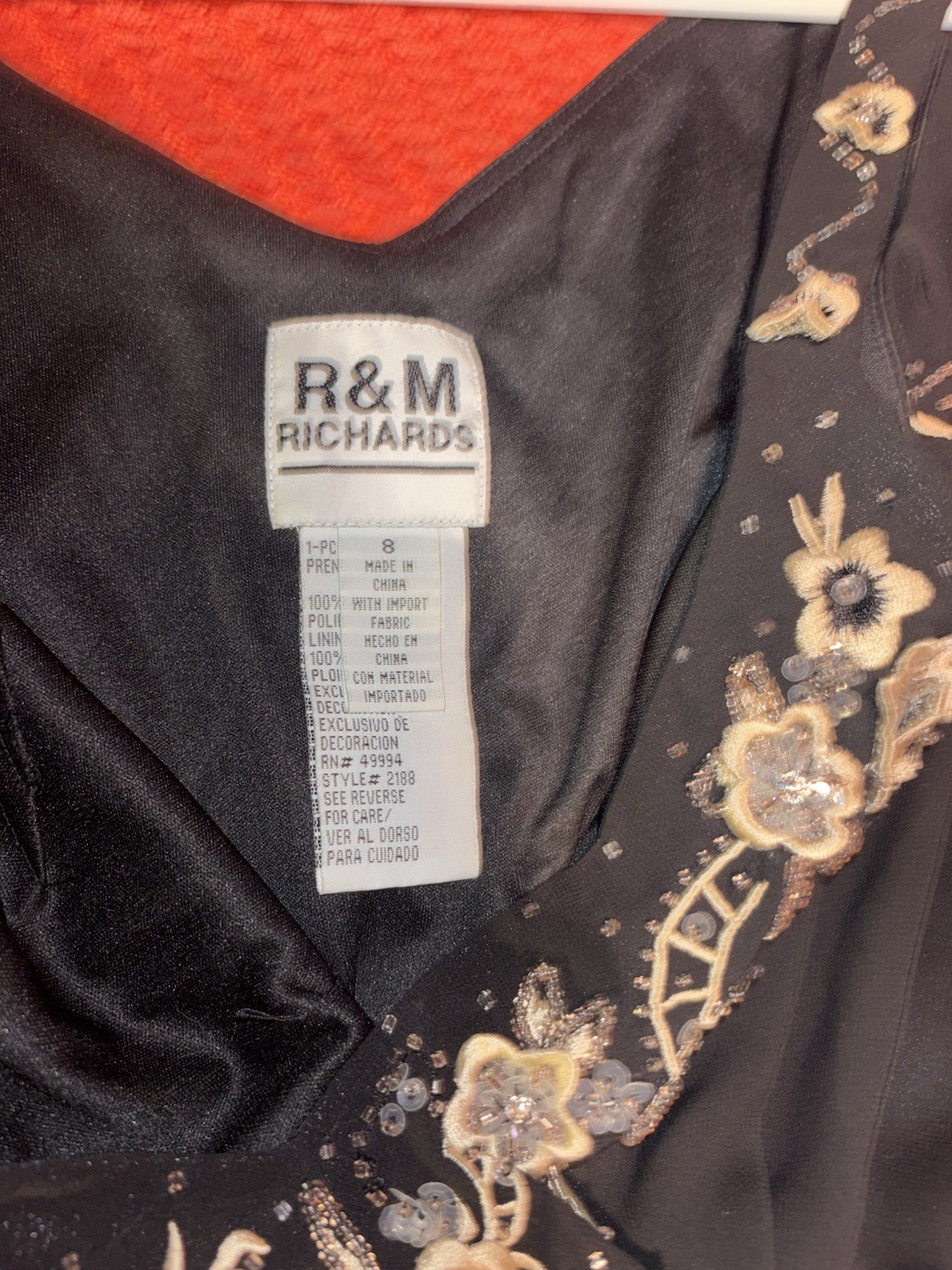R&M Richards Black Chiffon V-Neck Spaghetti Strap Sequin Floral Dress 8