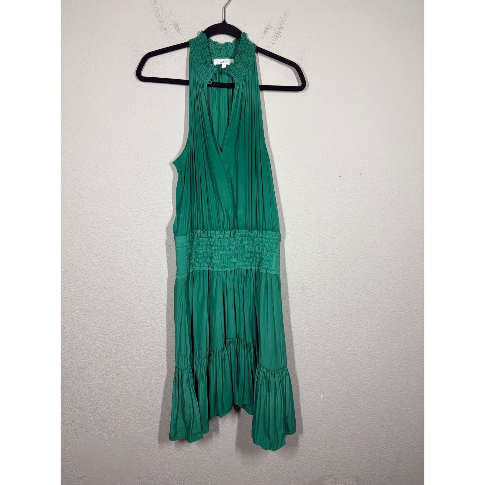A.L.C. Size 8 Cody Smocked Shift Dress Green Halter Tiered Sleeveless Maximalist