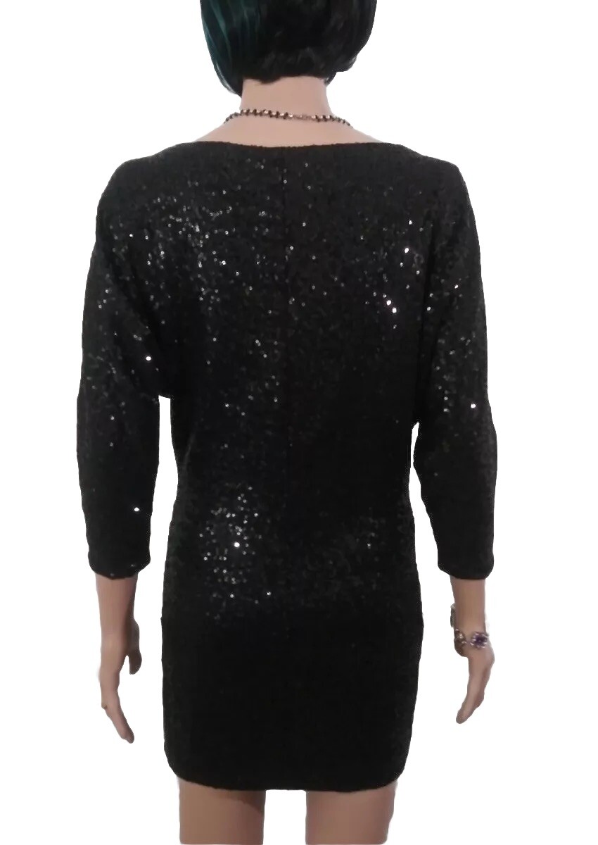 Black Sequin Dress (SIZE TAG MISSING) Bust 32in Length 30in Boat Neck 3/4 Sleeve