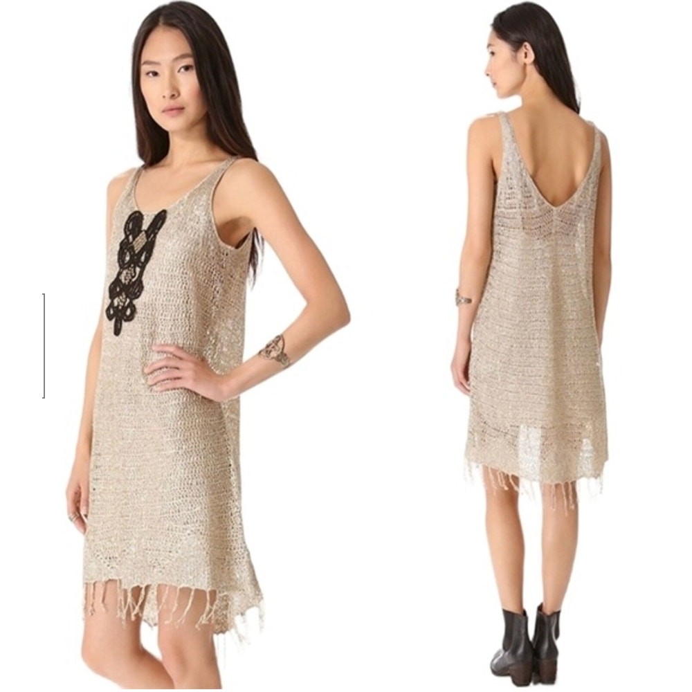 Free People Golden Sands Dress Womens Medium Gold Crochet Fringe Festival Boho